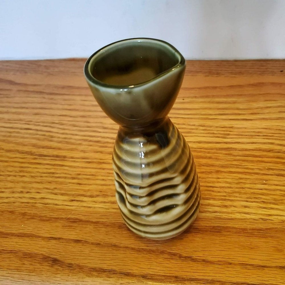 Japanese Sake Bottle, Hand Thrown Pottery Green Brown Ceramic Vase made in Japan